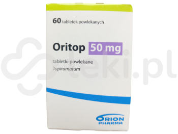 Zdjęcie przedstawia lek na receptę Oritop, tabletki powlekane, 50 mg.