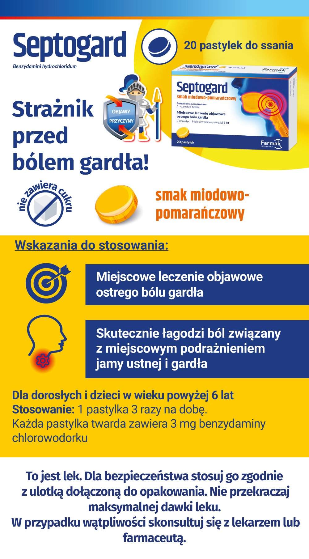 Zdjęcie przedstawia rich content dla leku bez recepty Septogard, smak miodowo-pomarańczowy, pastylki do ssania, 3 mg, wersja desktop.