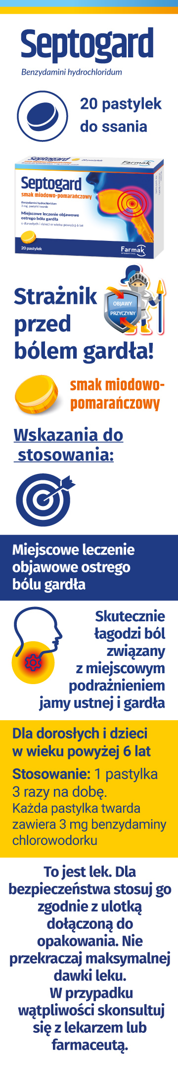 Zdjęcie przedstawia rich content dla leku bez recepty Septogard, smak miodowo-pomarańczowy, pastylki do ssania, 3 mg, wersja mobile.