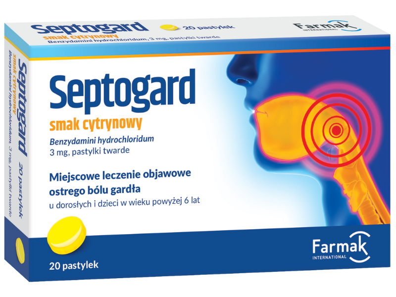 Zdjęcie przedstawia lek dostępny bez recepty Septogard smak cytrynowy, pastylki do ssania, 3 mg.