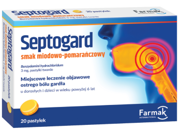 Zdjęcie przedstawia lek dostępny bez recepty Septogard smak miodowo-pomarańczowy, pastylki do ssania, 3 mg.