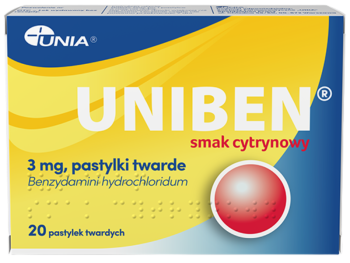 Zdjęcie przedstawia lek dostępny bez recepty Uniben smak cytrynowy, pastylki twarde, 3 mg.