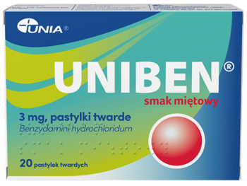 Zdjęcie przedstawia lek dostępny bez recepty Uniben smak miętowy, pastylki twarde, 3 mg.