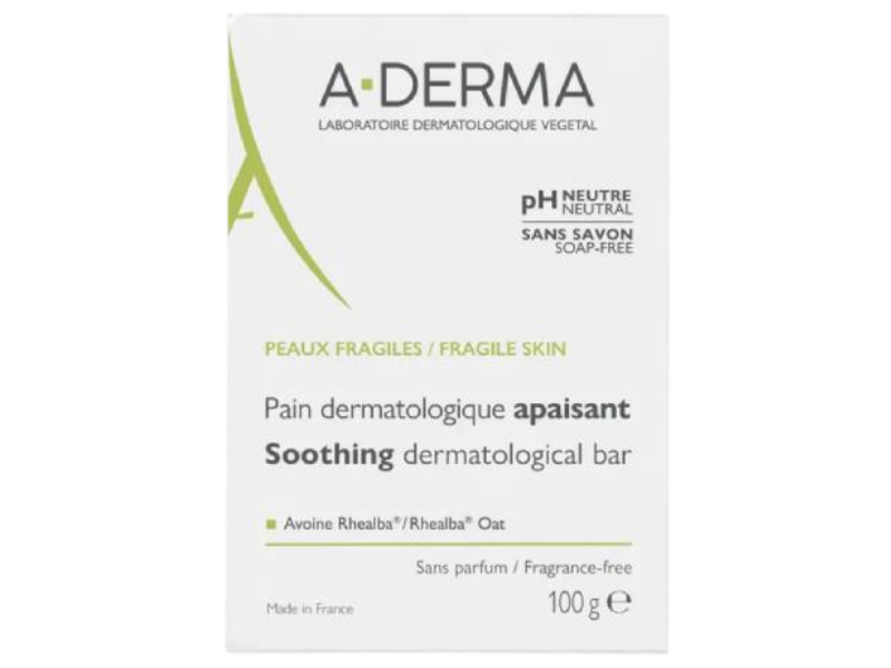 Zdjęcie przedstawia wyrób medyczny A-Derma Łagodząca kostka dermatologiczna do mycia ciała, kostki.