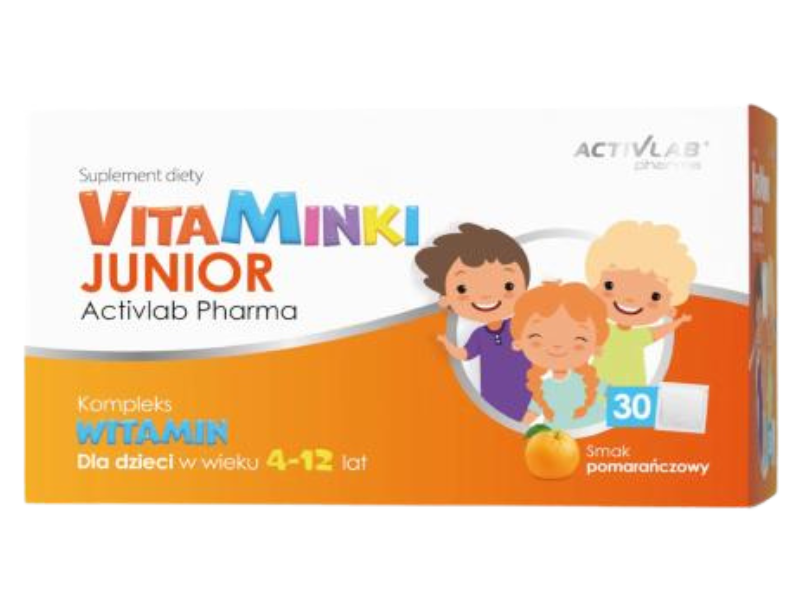 Zdjęcie przedstawia suplement diety ACTIVLAB VitaMinki Junior smak pomarańczowy, saszetki.