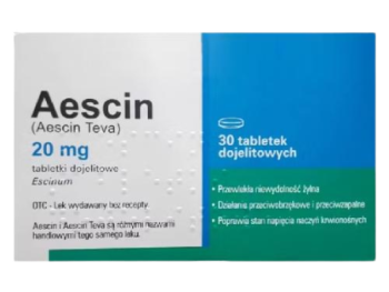 Zdjęcie przedstawia lek bez recepty AESCIN 20 mg, tabletki dojelitowe, 20 mg.