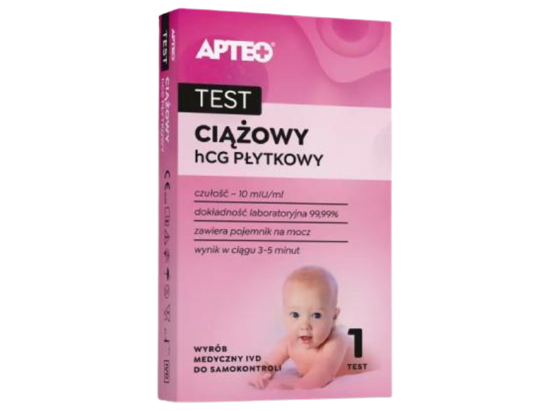 Zdjęcie przedstawia wyrób medyczny APTEO Test ciążowy HCG płytkowy, test diagnostyczny.