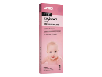 Zdjęcie przedstawia wyrób medyczny APTEO Test ciążowy HCG strumieniowy, test diagnostyczny.