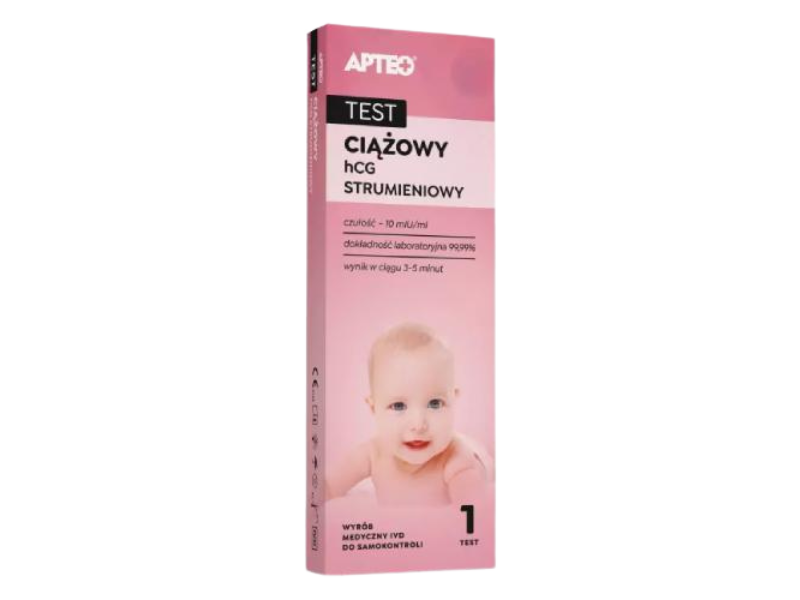 Zdjęcie przedstawia wyrób medyczny APTEO Test ciążowy HCG strumieniowy, test diagnostyczny.