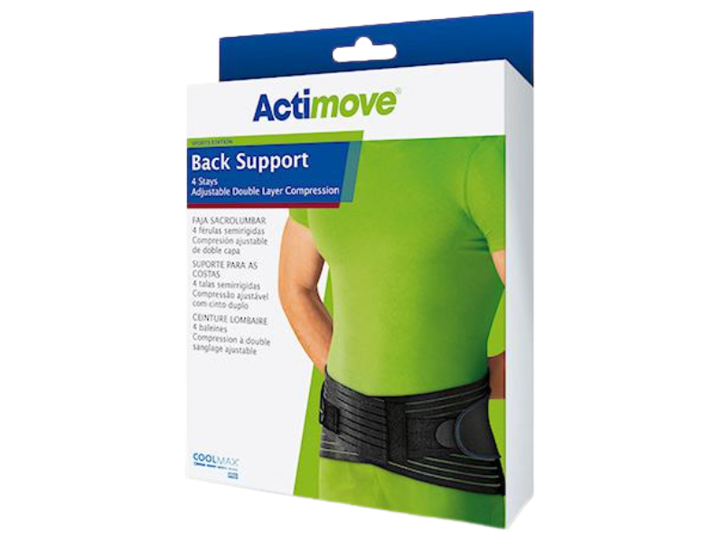 Zdjęcie przedstawia wyrób medyczny Actimove Sports Edition Back Support 4 Stays orteza lędźwiowo-krzyżowa, sprzęt medyczny.