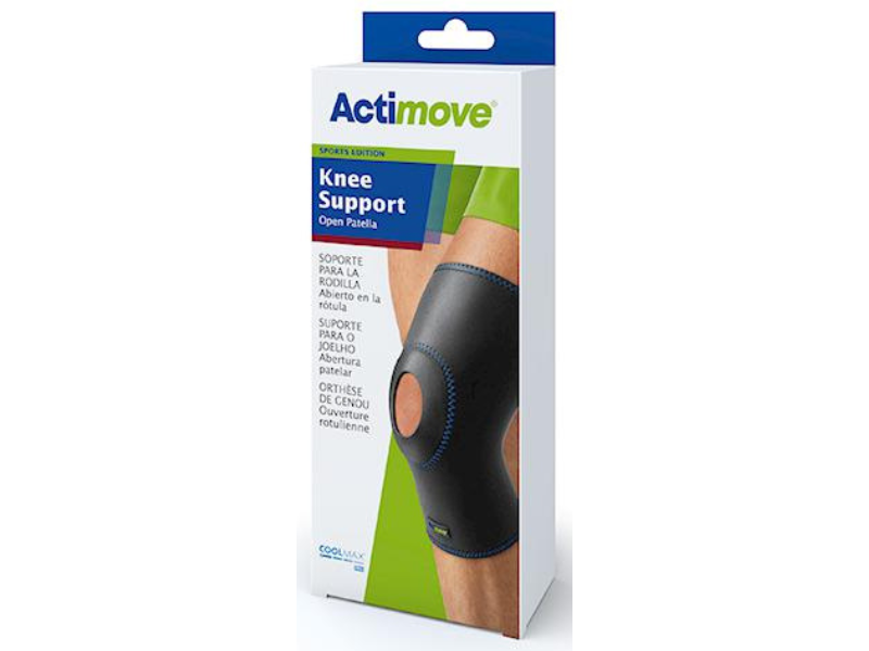 Zdjęcie przedstawia wyrób medyczny Actimove Sports Edition Orteza stawu kolanowego z odsłoniętą rzepką, sprzęt medyczny.