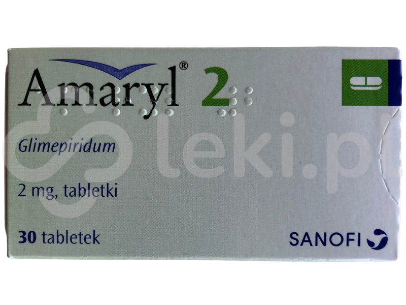 Zdjęcie przedstawia lek na receptę Amaryl 2, tabletki, 2 mg.