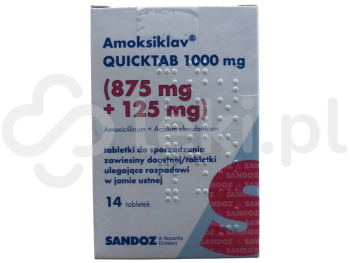 Zdjęcie przedstawia lek na receptę Amoksiklav QUICKTAB, tabletki do sporządzania zawiesiny doustnej, 875 mg + 125 mg.