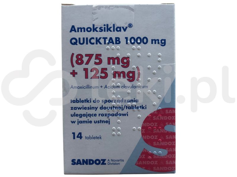 Zdjęcie przedstawia lek na receptę Amoksiklav QUICKTAB, tabletki do sporządzania zawiesiny doustnej, 875 mg + 125 mg.