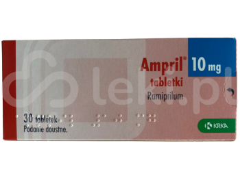 Zdjęcie przedstawia lek na receptę Ampril, tabletki, 10 mg.
