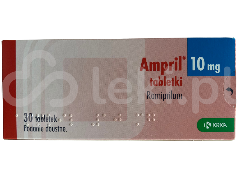 Zdjęcie przedstawia lek na receptę Ampril, tabletki, 10 mg.