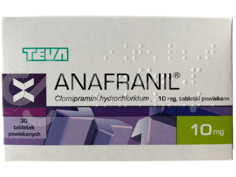 Zdjęcie przedstawia lek na receptę Anafranil, tabletki powlekane, 10 mg.