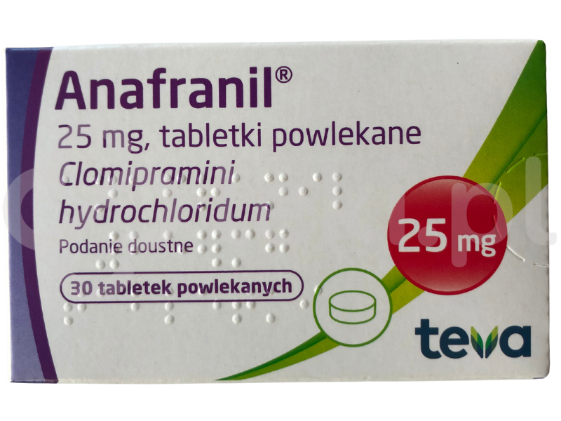 Zdjęcie przedstawia lek na receptę Anafranil, tabletki powlekane, 25 mg.