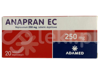 Zdjęcie przedstawia lek na receptę Anapran EC, tabletki dojelitowe, 250 mg.