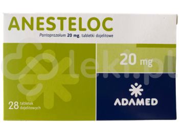 Zdjęcie przedstawia lek na receptę Anesteloc, tabletki dojelitowe, 20 mg.