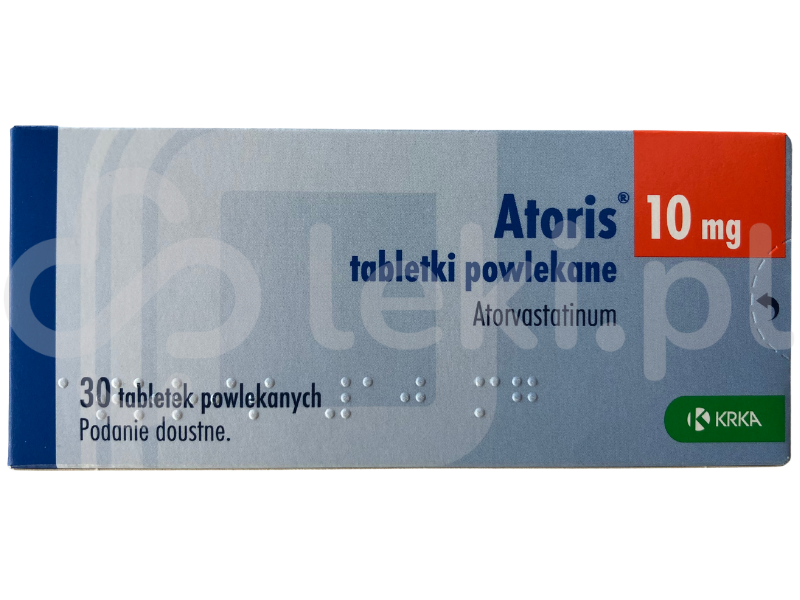 Zdjęcie przedstawia lek na receptę Atoris, tabletki powlekane, 10 mg.