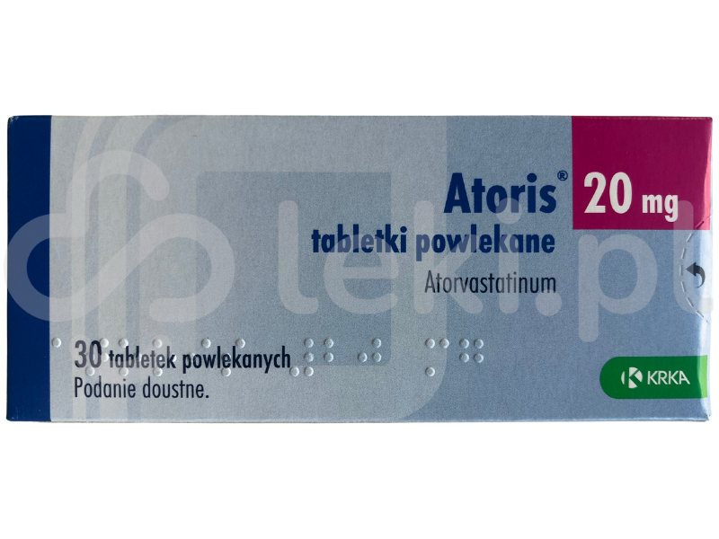 Zdjęcie przedstawia lek na receptę Atoris, tabletki powlekane, 20 mg.