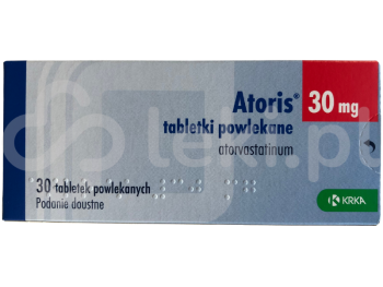 Zdjęcie przedstawia lek na receptę Atoris, tabletki powlekane, 30 mg.