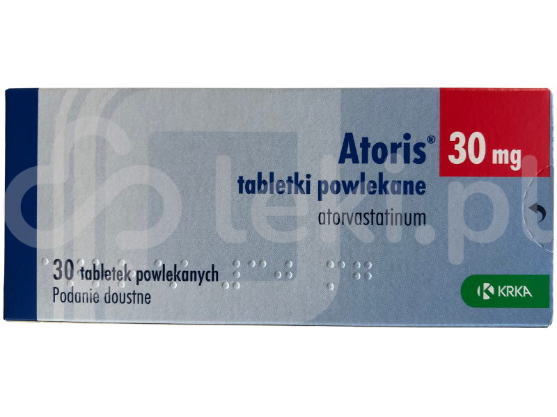 Zdjęcie przedstawia lek na receptę Atoris, tabletki powlekane, 30 mg.