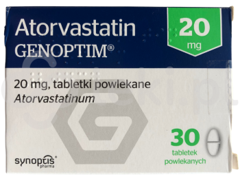 Zdjęcie przedstawia lek na receptę Atorvastatin Genoptim, tabletki powlekane, 20 mg.