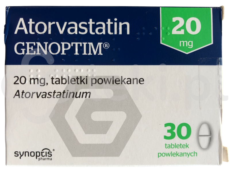 Zdjęcie przedstawia lek na receptę Atorvastatin Genoptim, tabletki powlekane, 20 mg.