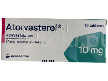 Zdjęcie przedstawia lek na receptę Atorvasterol, tabletki powlekane, 10 mg.