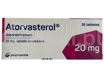 Zdjęcie przedstawia lek na receptę Atorvasterol, tabletki powlekane, 20 mg.