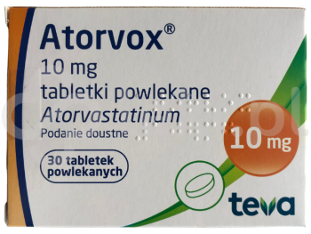 Zdjęcie przedstawia lek na receptę Atorvox, tabletki powlekane, 10 mg.