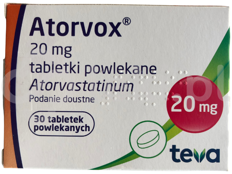 Zdjęcie przedstawia lek na receptę Atorvox, tabletki powlekane, 20 mg.