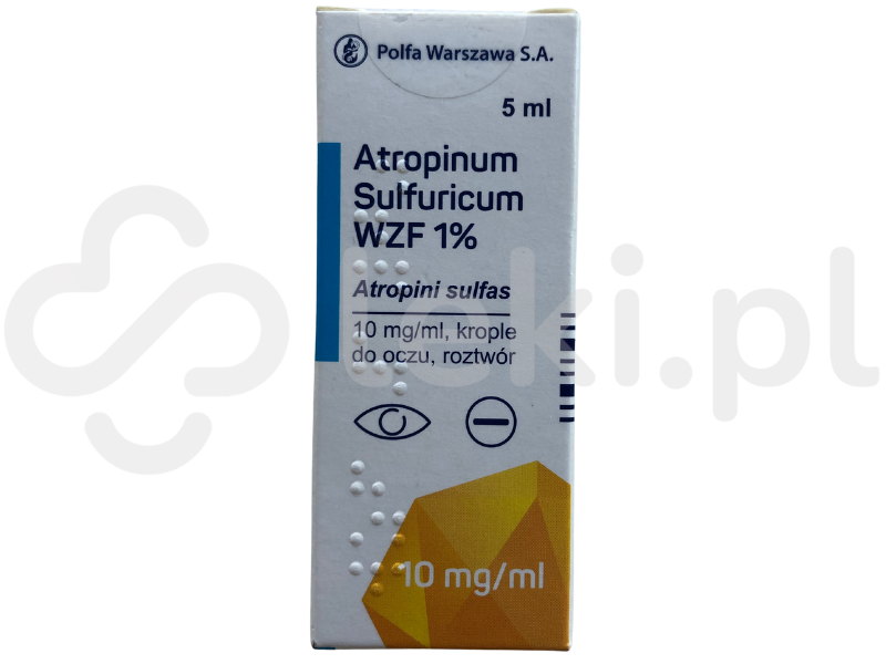 Zdjęcie przedstawia lek na receptę Atropinum sulfuricum WZF 1%, krople do oczu, roztwór, 10 mg/ml.