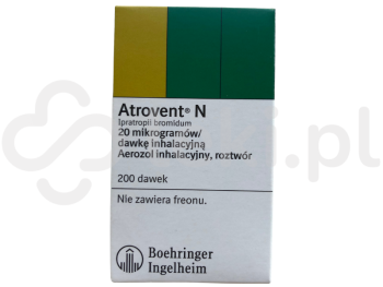 Zdjęcie przedstawia lek na receptę Atrovent N, aerozol wziewny, roztwór, 20 µg/dawkę inhalacyjną.