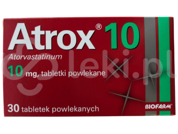 Zdjęcie przedstawia lek na receptę Atrox 10, tabletki powlekane, 10 mg.