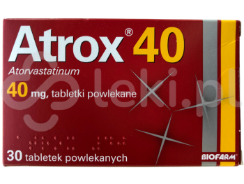 Zdjęcie przedstawia lek na receptę Atrox 40, tabletki powlekane, 40 mg.