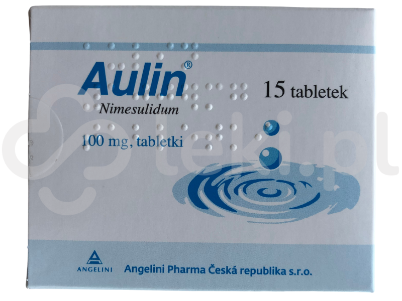 Zdjęcie przedstawia lek na receptę Aulin, tabletki, 100 mg.