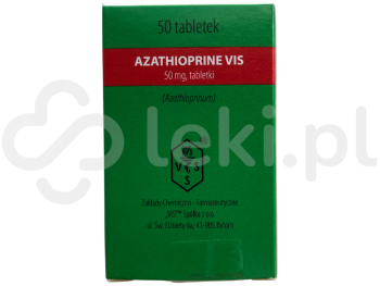 Zdjęcie przedstawia lek na receptę Azathioprine VIS, tabletki, 50 mg.