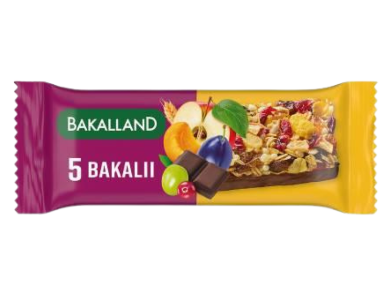 Zdjęcie przedstawia środek spożywczy BAKALLAND BA! Baton zbożowy 5 bakalii.