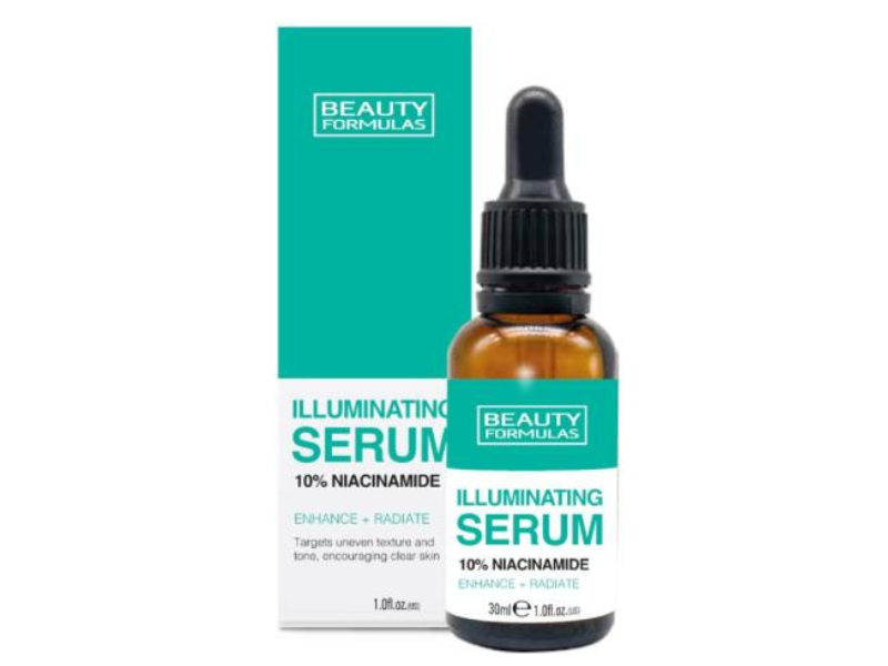 Zdjęcie przedstawia kosmetyk BEAUTY FORMULAS Illuminating Serum rozświetlające do twarzy 10% Niacinamide, 10%.