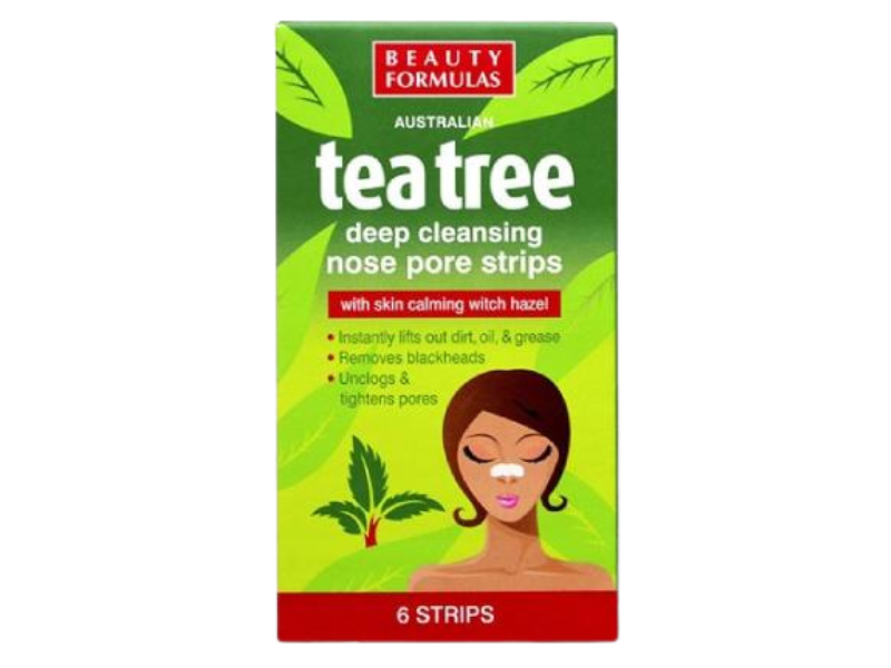 zdjęcie przedstawia kosmetyk BEAUTY FORMULAS Tea Tree Głęboko oczyszczające paski na nos, plastry.