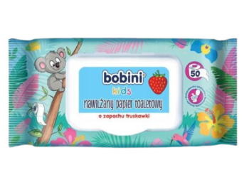 Zdjęcie przedstawia kosmetyk BOBINI KIDS Nawilżany papier toaletowy o zapachu truskawki, chusteczki.