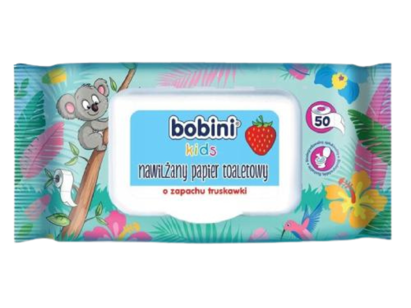 Zdjęcie przedstawia kosmetyk BOBINI KIDS Nawilżany papier toaletowy o zapachu truskawki, chusteczki.