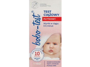 Zdjęcie przedstawia wyrób medyczny BOBO-TEST Test ciążowy płytkowy, test diagnostyczny.