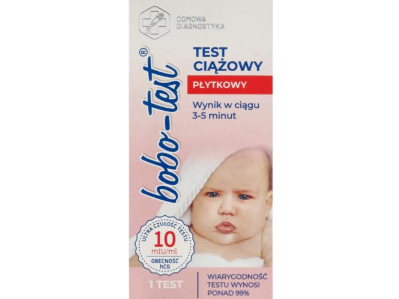 Zdjęcie przedstawia wyrób medyczny BOBO-TEST Test ciążowy płytkowy, test diagnostyczny.