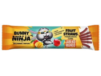 Zdjęcie przedstawia suplement diety BUNNY NINJA Fruit Straws Przekąska owocowa o smaku jabłko-mango, żelki.