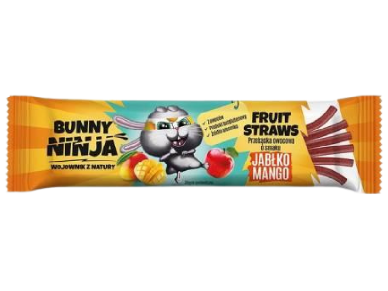 Zdjęcie przedstawia suplement diety BUNNY NINJA Fruit Straws Przekąska owocowa o smaku jabłko-mango, żelki.