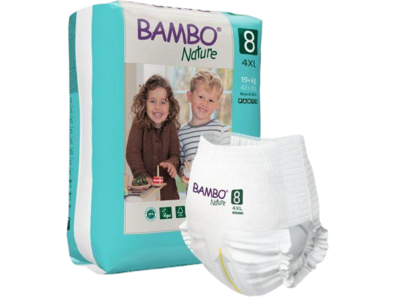 Zdjęcie przedstawia wyrób medyczny Bambo Nature Pants 8 (4XL 19+kg) Pieluszki, pieluchomajtki.